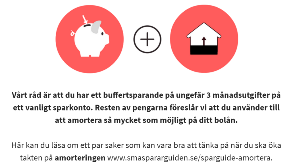 Sparguiden ger rådet att spara till buffert och sedan amortera