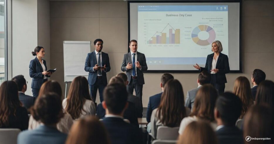 bankers gör en presentation för en grupp sittande åskådare